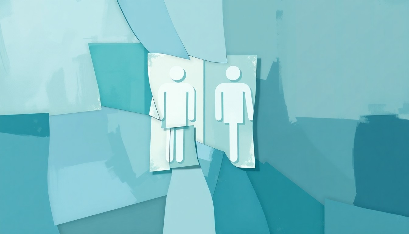 A conceptual abstract painting featuring a fractured, geometric image of a gender-neutral bathroom sign in muted blue, green, and grey tones, conveying the disruption and uncertainty around transgender student rights in schools.