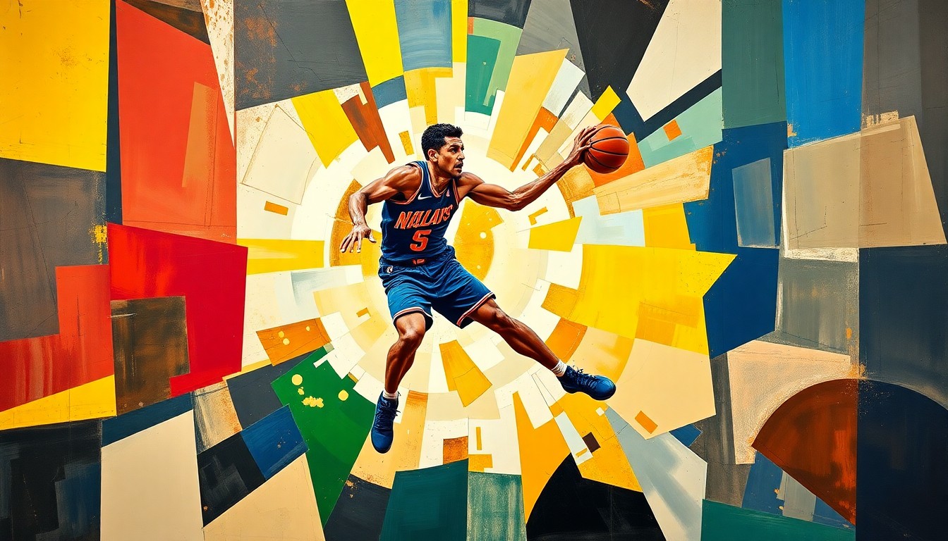 A fragmented, geometric painting depicting the collision of two basketball players, with their forms broken down into sharp, overlapping planes of color that convey a sense of the physical impact.