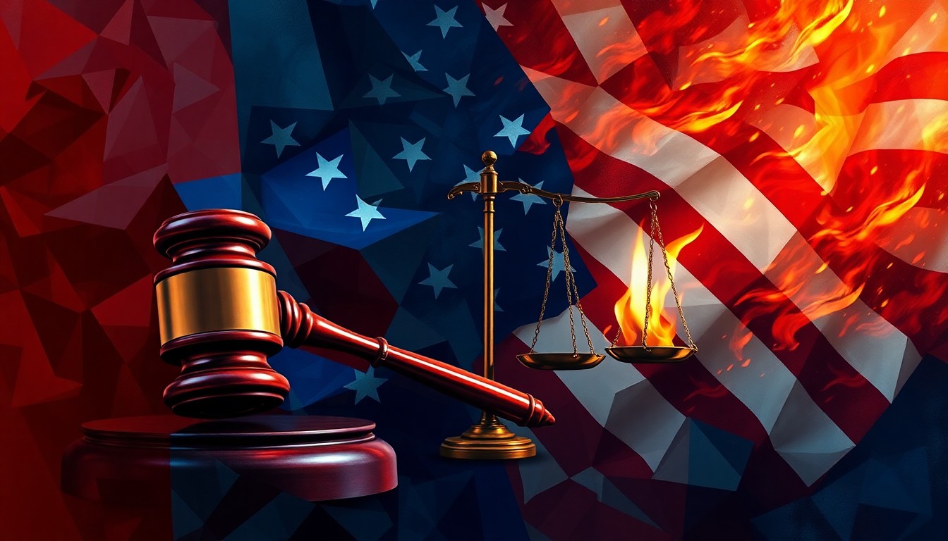 A dynamic, fragmented painting featuring the symbols of government power and American patriotism - a gavel, scales of justice, and a burning flag - repeated in overlapping geometric waves of red, white, and blue, conveying a sense of political turmoil and upheaval.