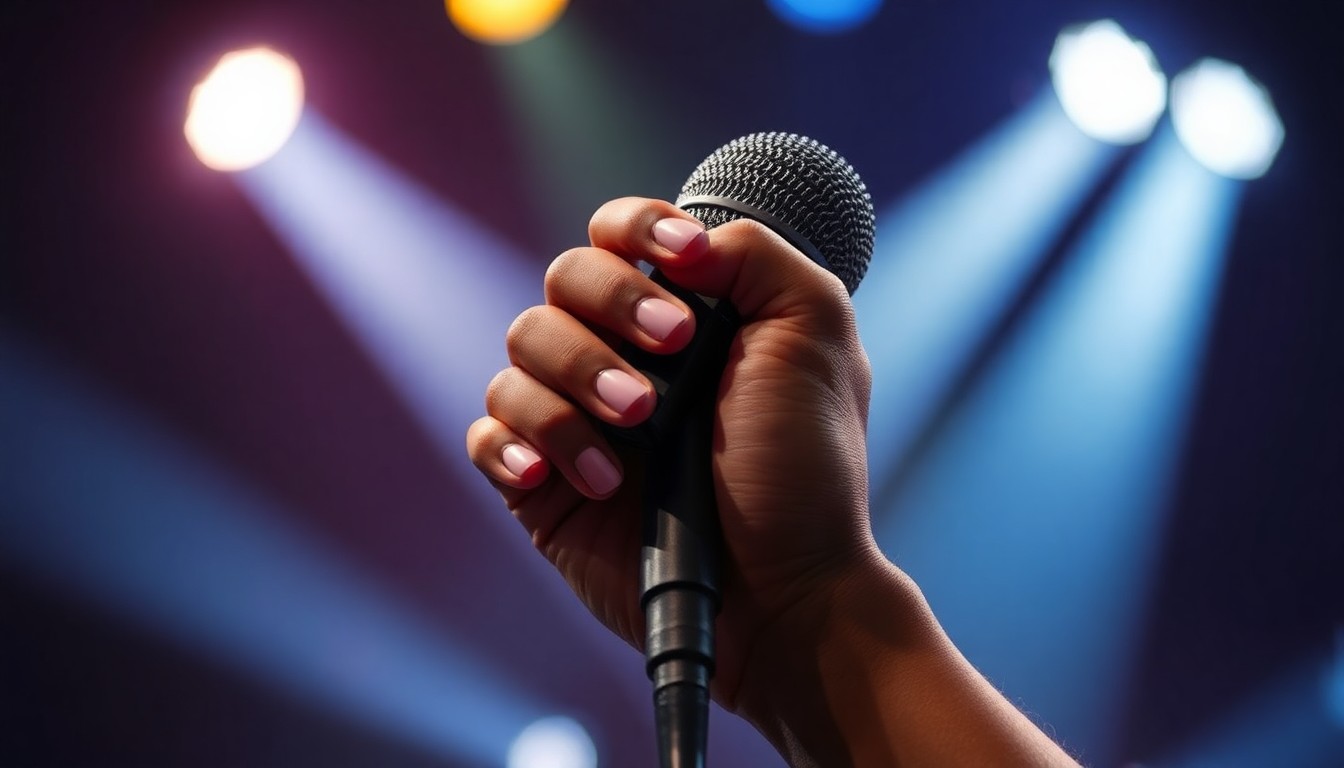 An extreme close-up photograph of a hand holding a shimmering microphone, conveying the glamour and high-stakes tension of a major singing competition performance.
