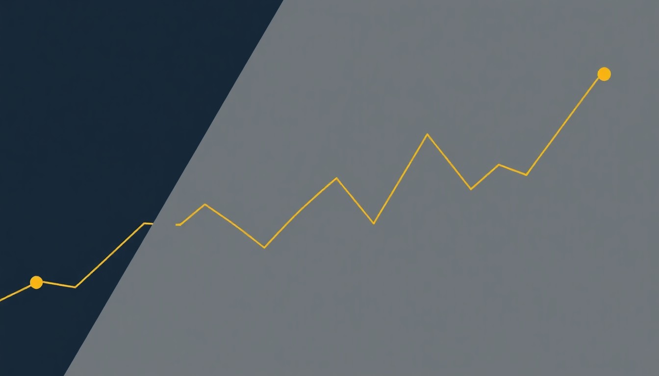 An abstract illustration featuring overlapping triangles and rectangles in shades of navy, grey, and gold, conveying a sense of market volatility and economic uncertainty.