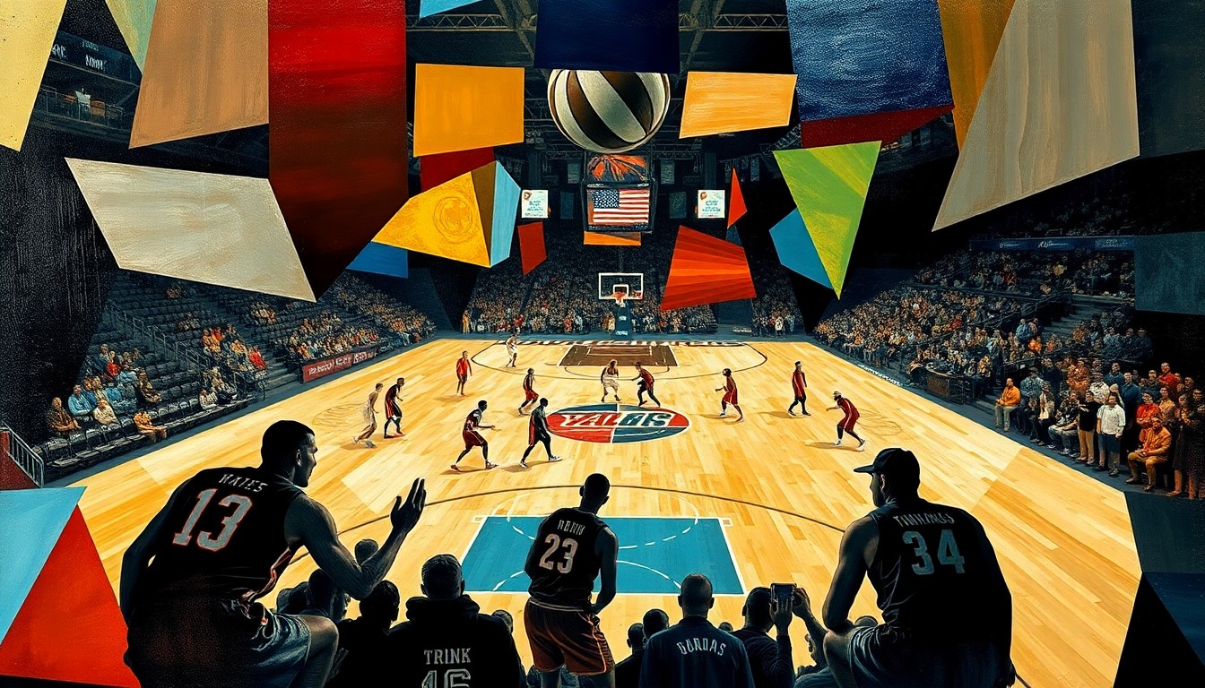 A cubist, geometric painting depicting a basketball game in progress, with the players' forms broken down into abstract shapes and planes of color, the court and arena fading into the background.