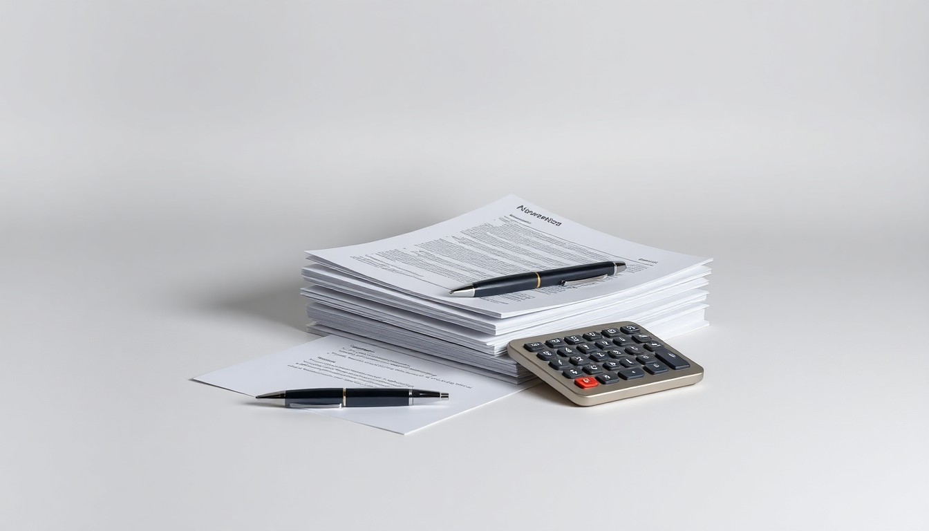 A minimalist studio still life featuring a stack of financial documents, a pen, and a calculator arranged on a clean, monochromatic background, symbolizing the abstract concepts of corporate strategy and finance.