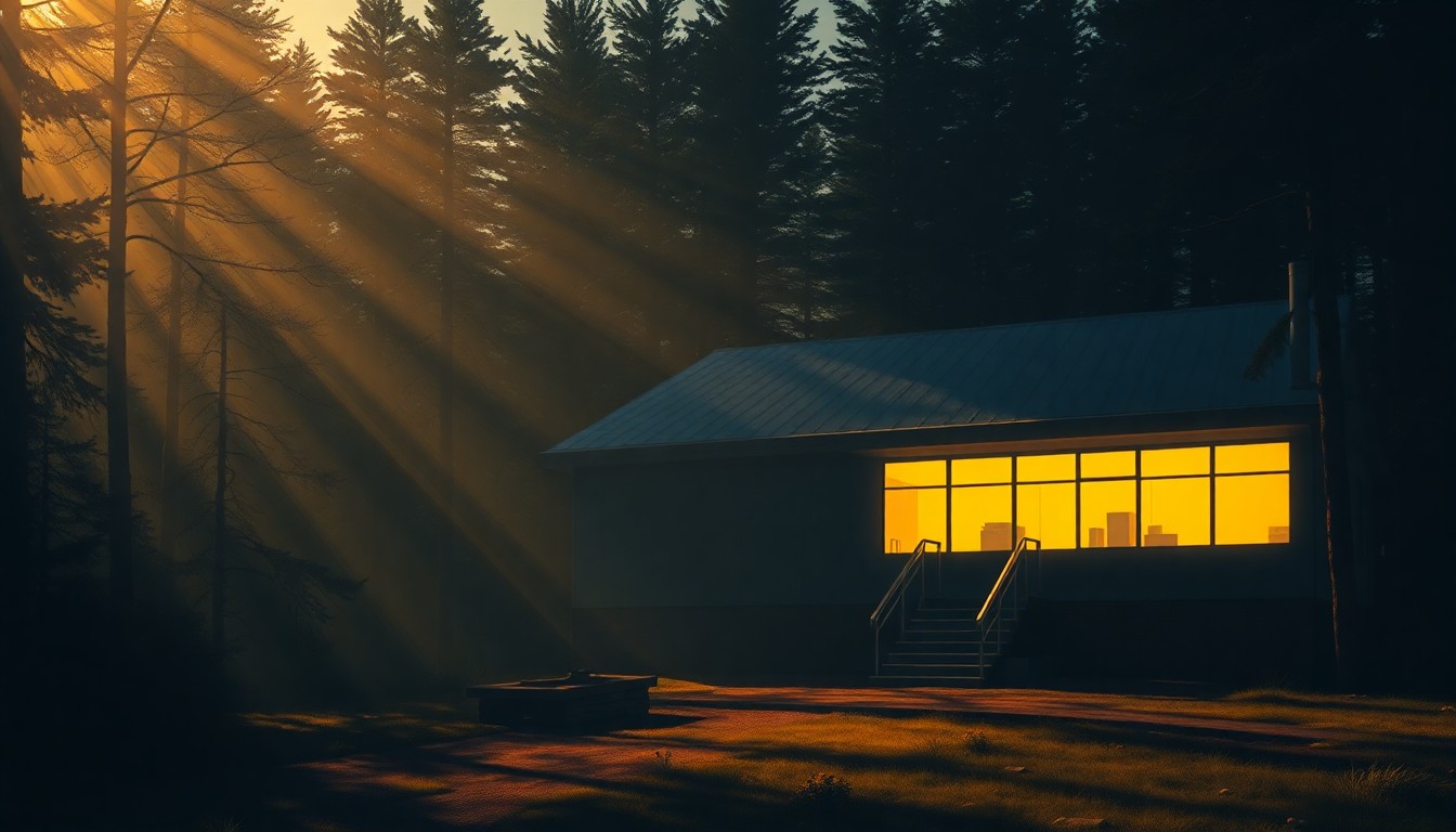 A serene, photorealistic painting of a single-story forest research laboratory building surrounded by trees, bathed in warm golden light and deep shadows, conveying a sense of uncertainty and nostalgia about the facility's future.
