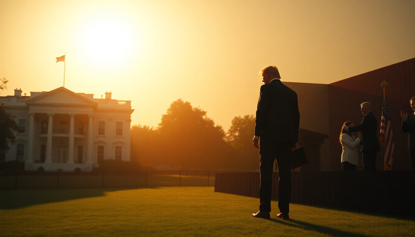 A cinematic painting depicting a solitary Trump family member, such as Kai Madison Trump, in a political setting like the White House lawn or a campaign rally stage, bathed in warm, diagonal sunlight and deep shadows, conveying a sense of quiet contemplation and the enduring power of political dynasties.