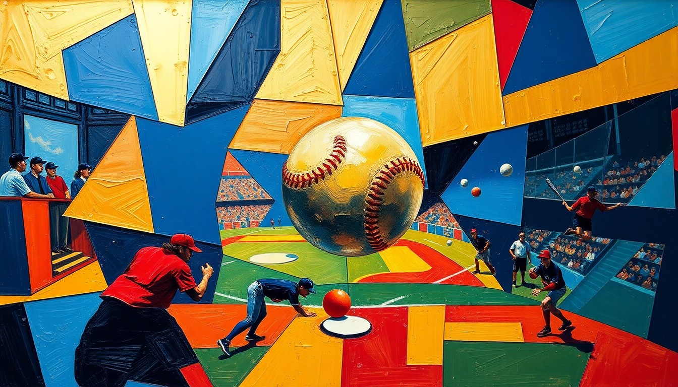 A cubist, geometric painting depicting a softball game in motion, with the players and field broken down into sharp, overlapping planes of navy, gold, and crimson, capturing the dynamic energy of the sport.