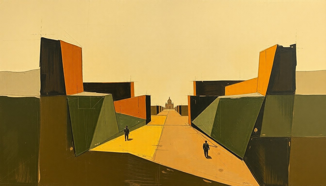 A cubist-style painting depicting the overlapping geometric shapes and planes of a defensive line, rendered in earthy tones of olive, ochre, and sienna, conveying the complexity of rebuilding the Giants' interior defensive line.