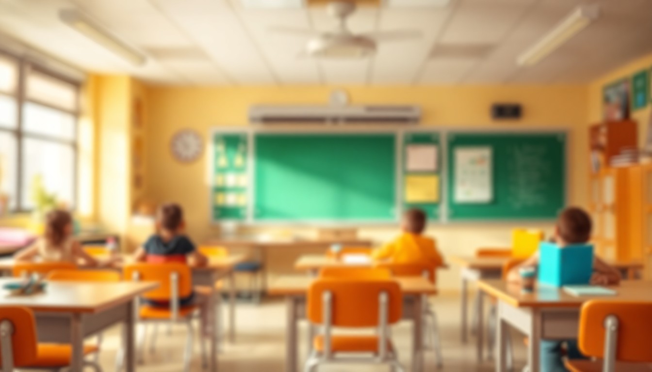 An extremely abstracted, out-of-focus photograph of an elementary school classroom, with blurred shapes of desks, chairs, and educational materials in a warm, inviting color palette, conceptually representing the nurturing and collaborative atmosphere that fosters excellent teaching.
