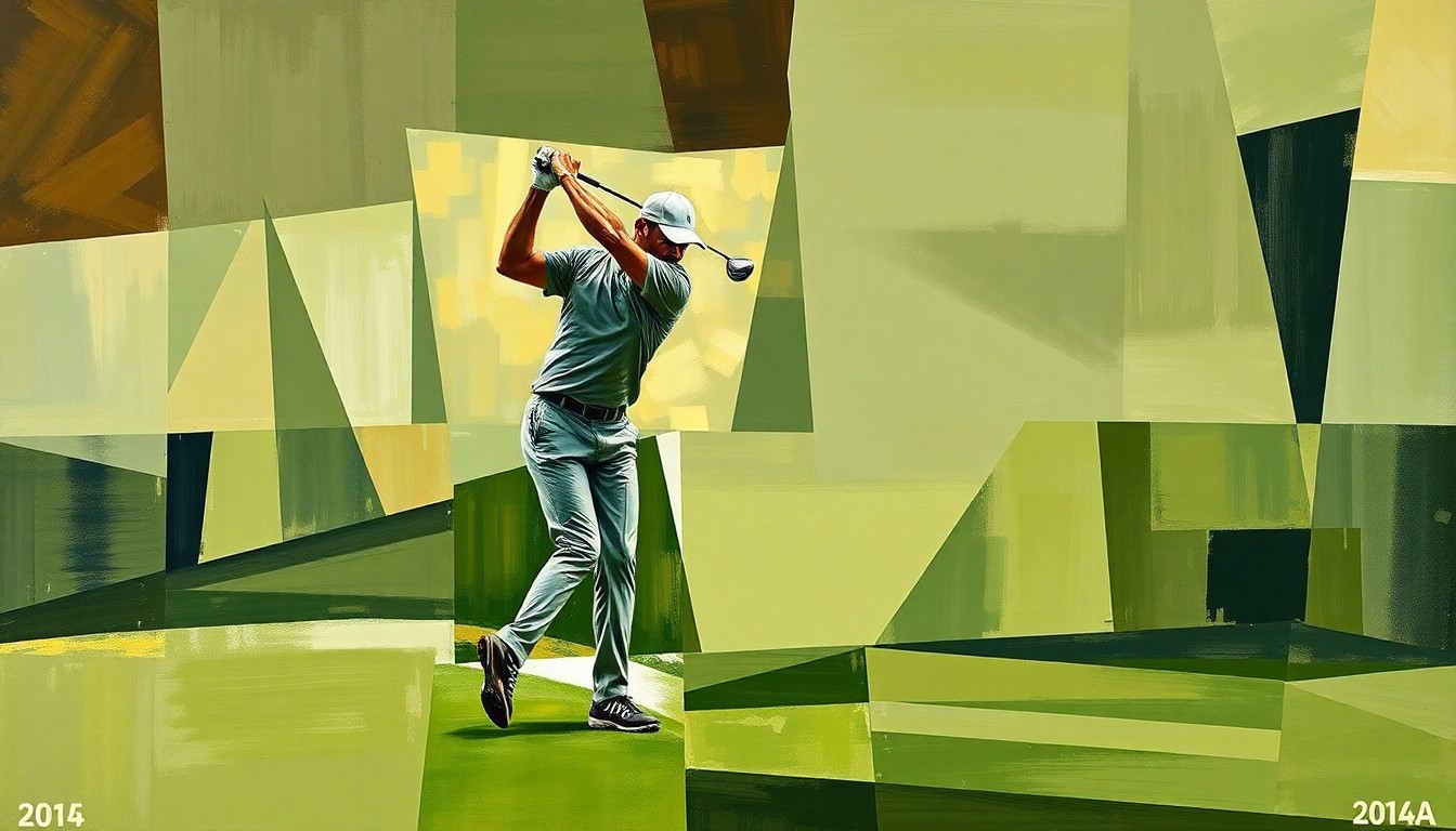 A cubist-style painting depicting a golfer's swing broken down into sharp, overlapping geometric planes in muted greens, browns, and greys, conveying the somber mood and complexities of the story.