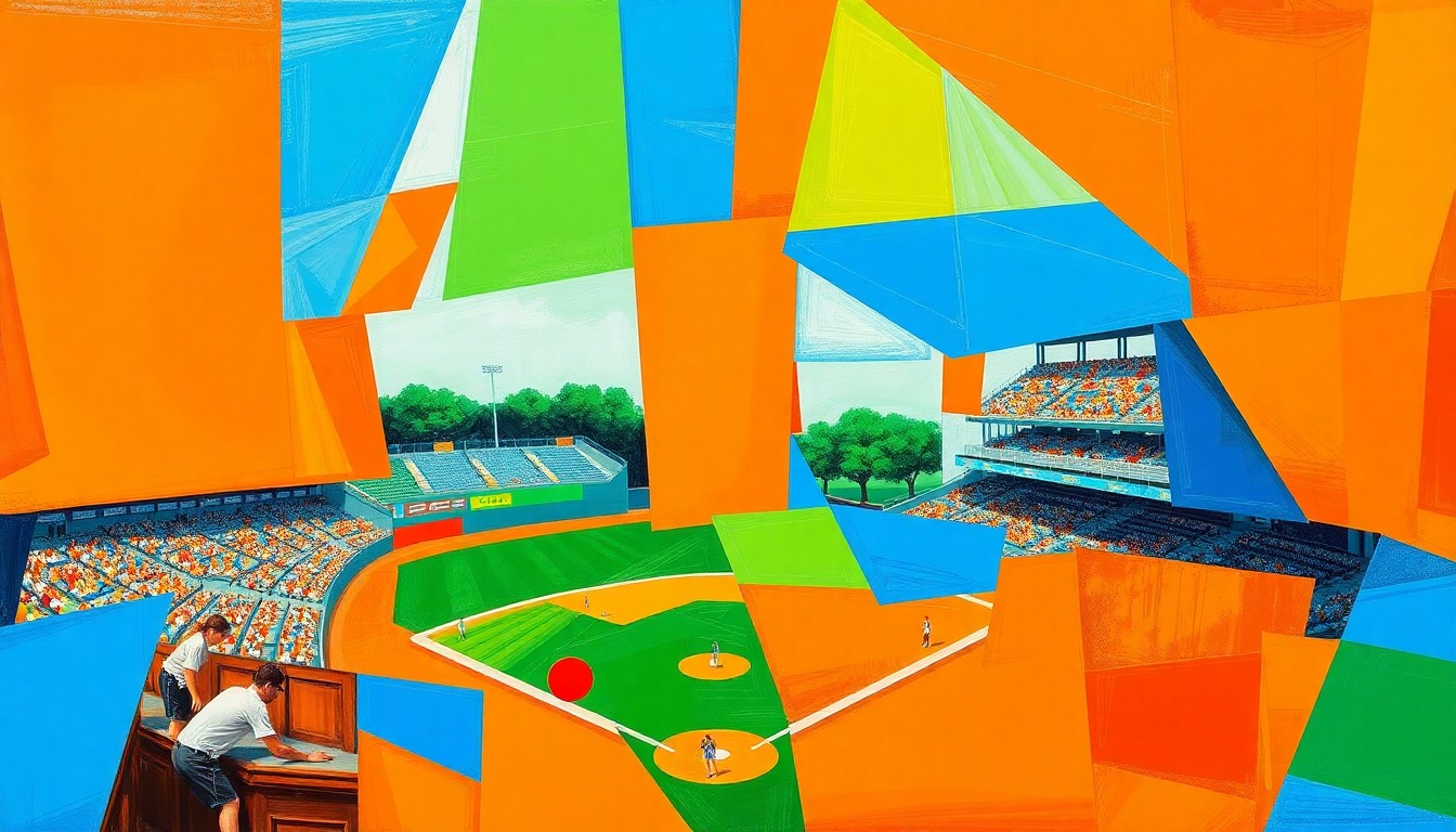 A cubist-inspired painting featuring overlapping geometric shapes and planes of bright orange, blue, and green, conceptually representing the dynamic action of a high school baseball game.