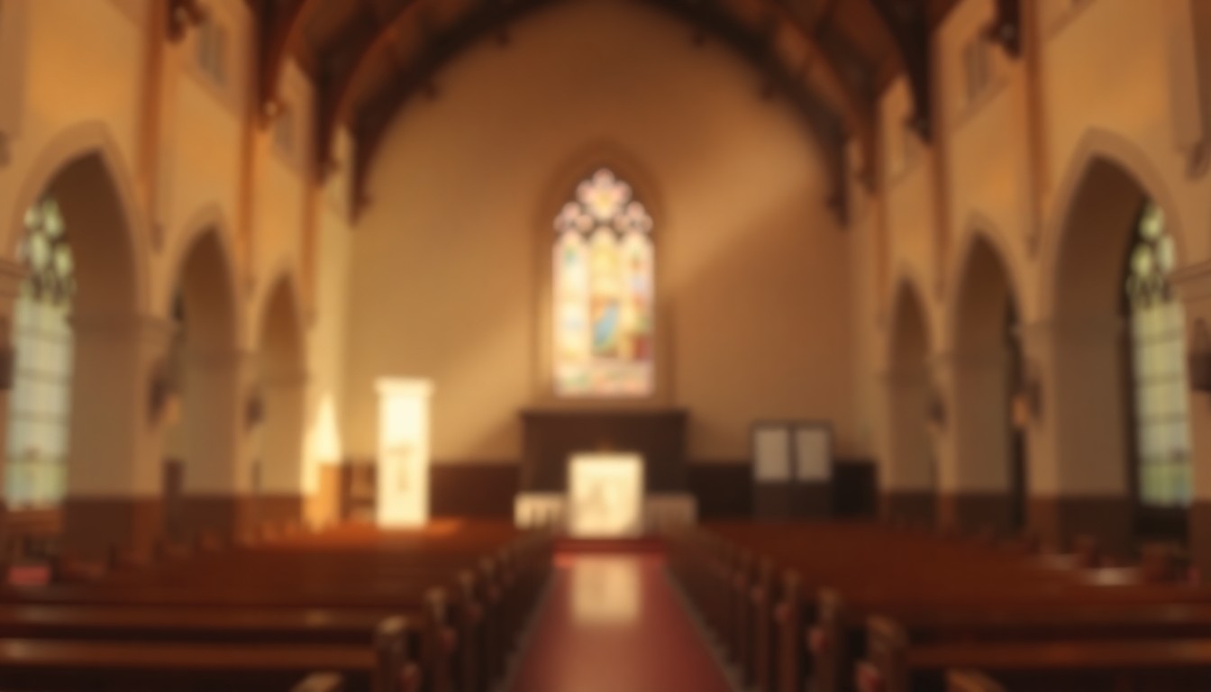 A blurred, out-of-focus photograph in warm, soft tones depicting an empty church interior with a single beam of light shining through a stained glass window, creating a sense of contemplative solitude and spiritual reflection.