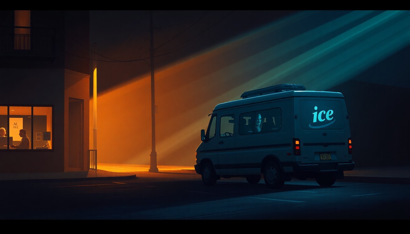 A photorealistic painting in the style of Edward Hopper, depicting a lone ICE vehicle parked on a dimly lit urban street, with warm sunlight and deep shadows creating a contemplative, cinematic mood.