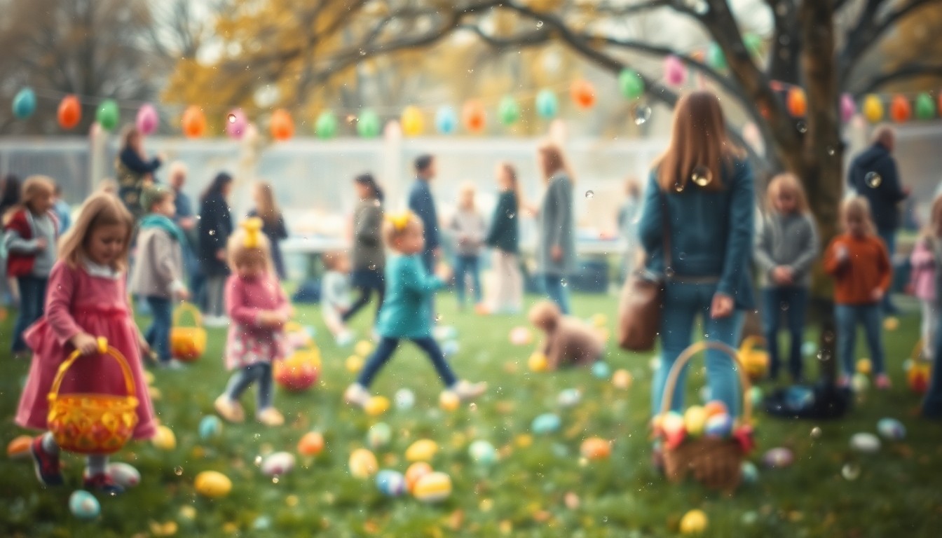 An extremely abstracted, out-of-focus photograph in warm tones, depicting a festive Easter scene with children hunting for eggs, colorful baskets, and blurred silhouettes of families enjoying the event.