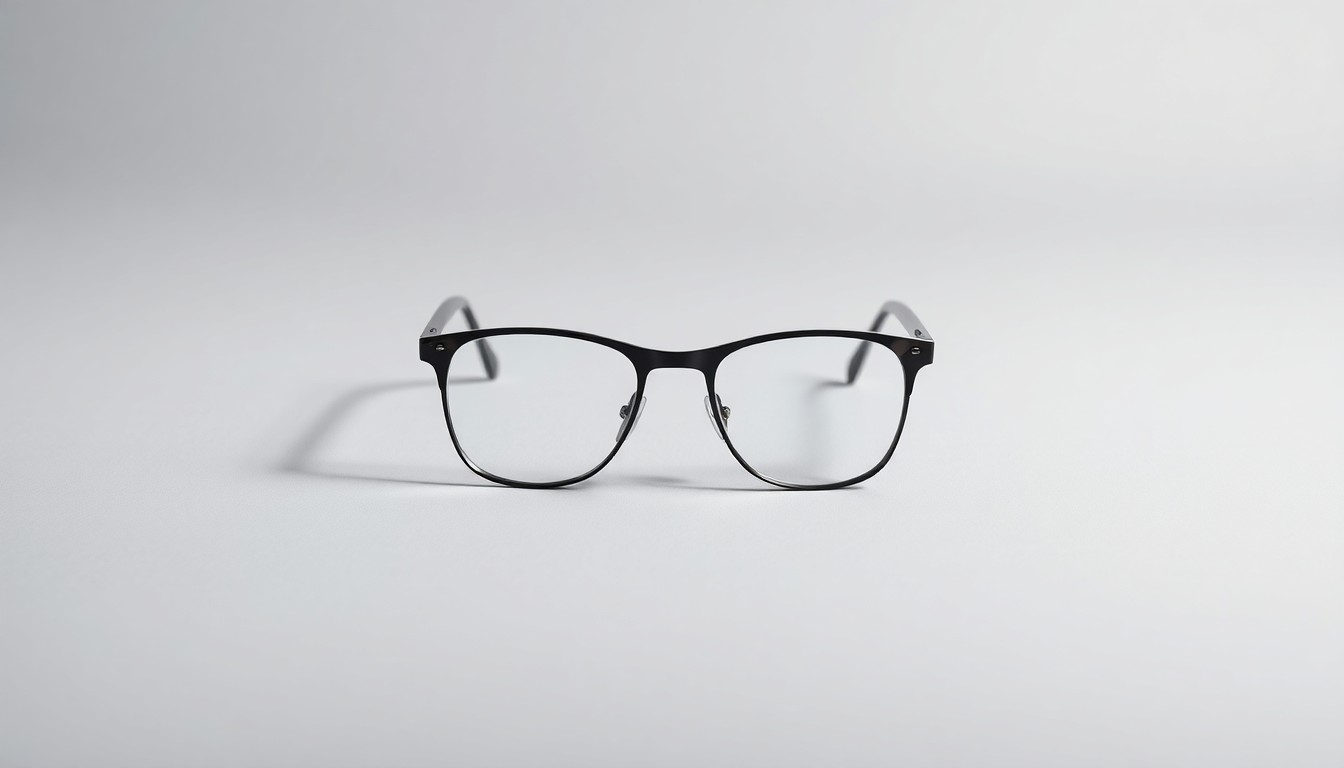 A high-end, photorealistic studio still-life photograph featuring a pair of sleek, modern eyeglasses in a neutral color palette resting on a clean, monochromatic seamless background, conceptually representing the premium quality and innovative design of Warby Parker's eyewear.