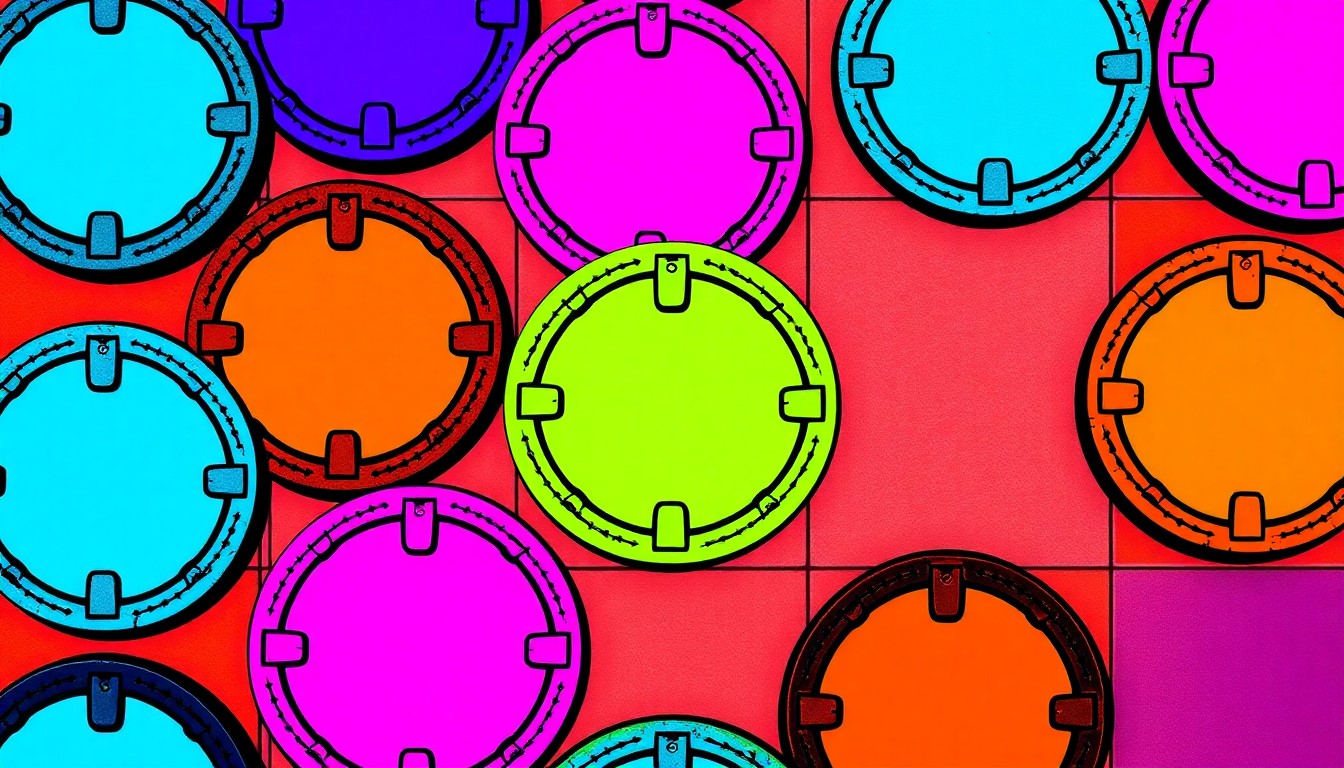 A bold, colorful silkscreen illustration featuring a repeating pattern of a sewer manhole cover in bright neon hues, conceptually representing the essential but often overlooked work of maintaining a city's underground utilities.