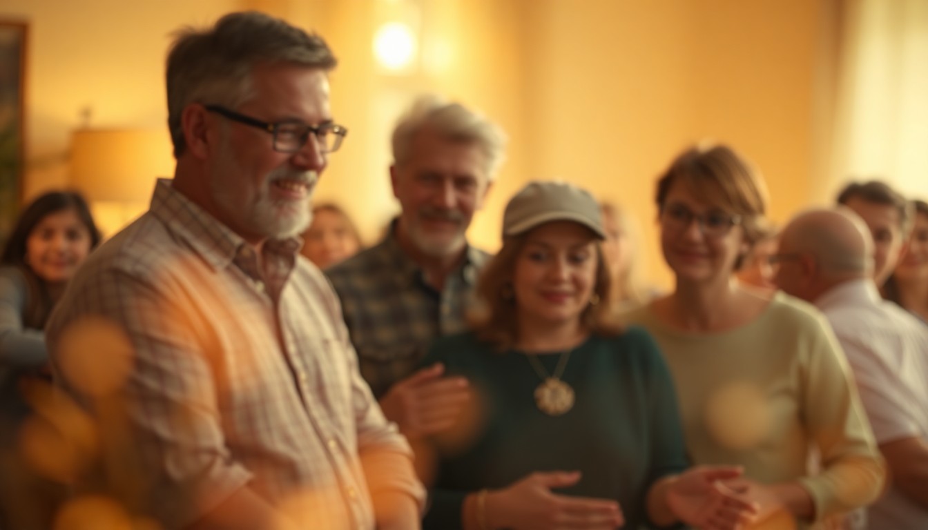 An extremely abstracted, out-of-focus photograph in warm tones, depicting a blurred scene of a family gathering to mourn the passing of a loved one and celebrate their life.
