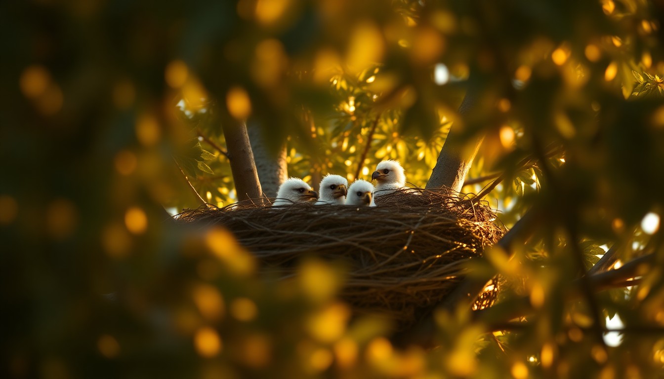 An extremely abstracted, out-of-focus photograph of a bald eagle nest in a tree, with the baby eaglets just visible through the blurred foliage. The image is bathed in warm, golden light, creating a dreamlike, intimate atmosphere that conceptually represents the public's connection to the growth of this iconic American species.