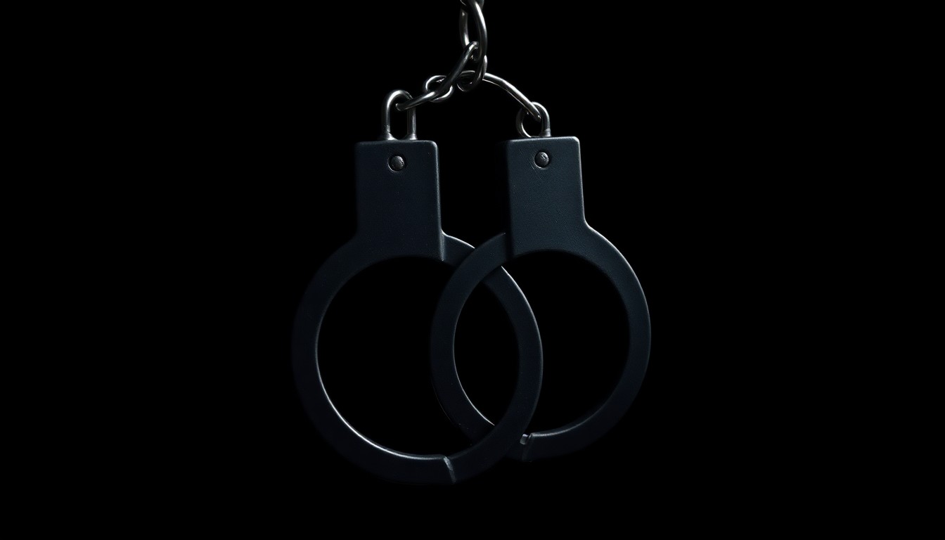 An extreme close-up of a pair of handcuffs against a pitch-black background, the metal reflecting the harsh light of a direct camera flash, conceptually representing the consequences of a coach's betrayal of trust.