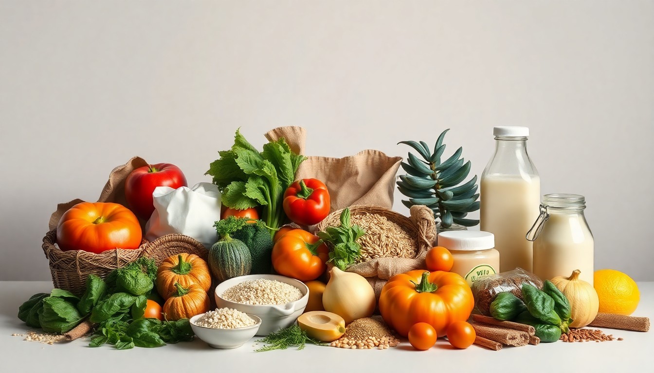 A photorealistic studio still-life photograph featuring an elegant arrangement of fresh produce, whole grains, and organic dairy products, conveying the premium quality and craftsmanship of Natural Grocers' offerings.