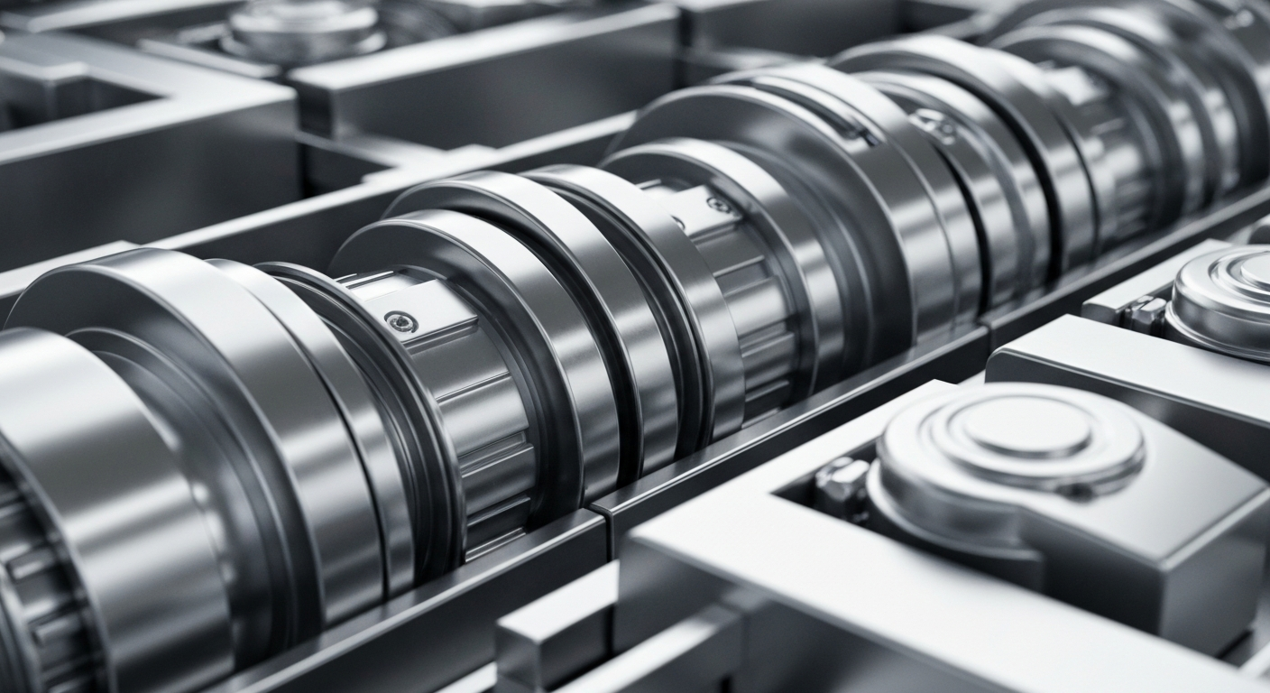 An extreme close-up of gleaming, interlocking metal gears and machinery, conveying the robust, industrial-grade systems powering the institutional crypto market.