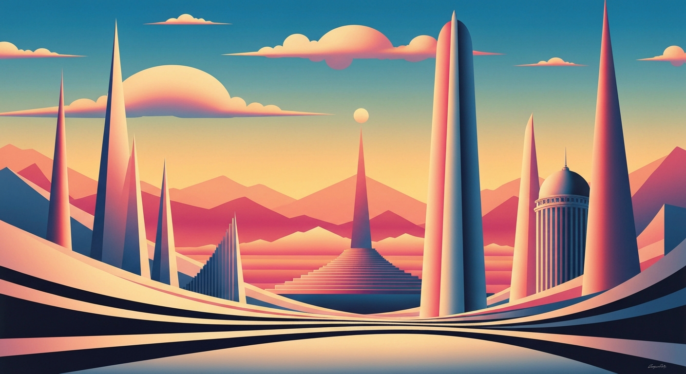 A highly stylized, geometric illustration in the Art Deco style, featuring sweeping, smooth gradients and towering, streamlined forms that evoke the grand scale and romance of travel, without any literal depictions of people, places, or text.