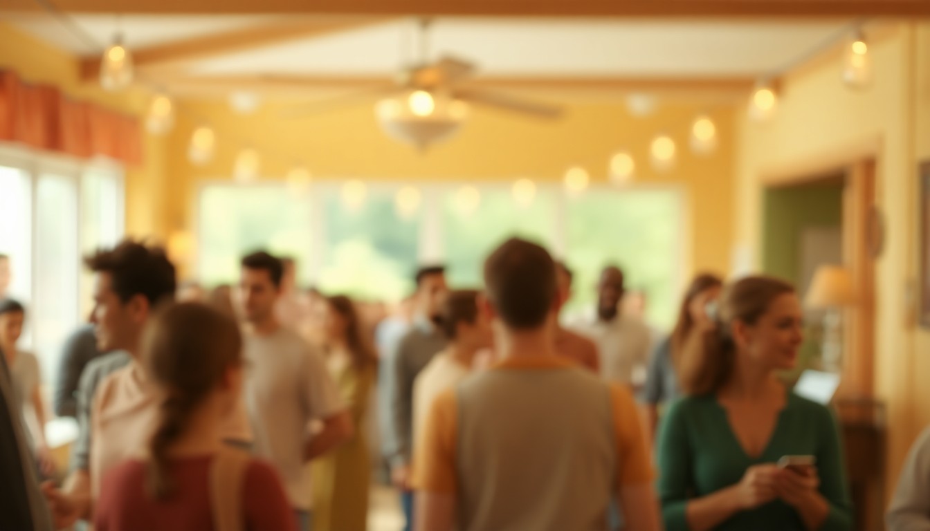 A dreamlike, impressionistic scene of people gathering in a cozy, communal setting, the details obscured in a warm, hazy glow, conveying a sense of community, support, and new beginnings.