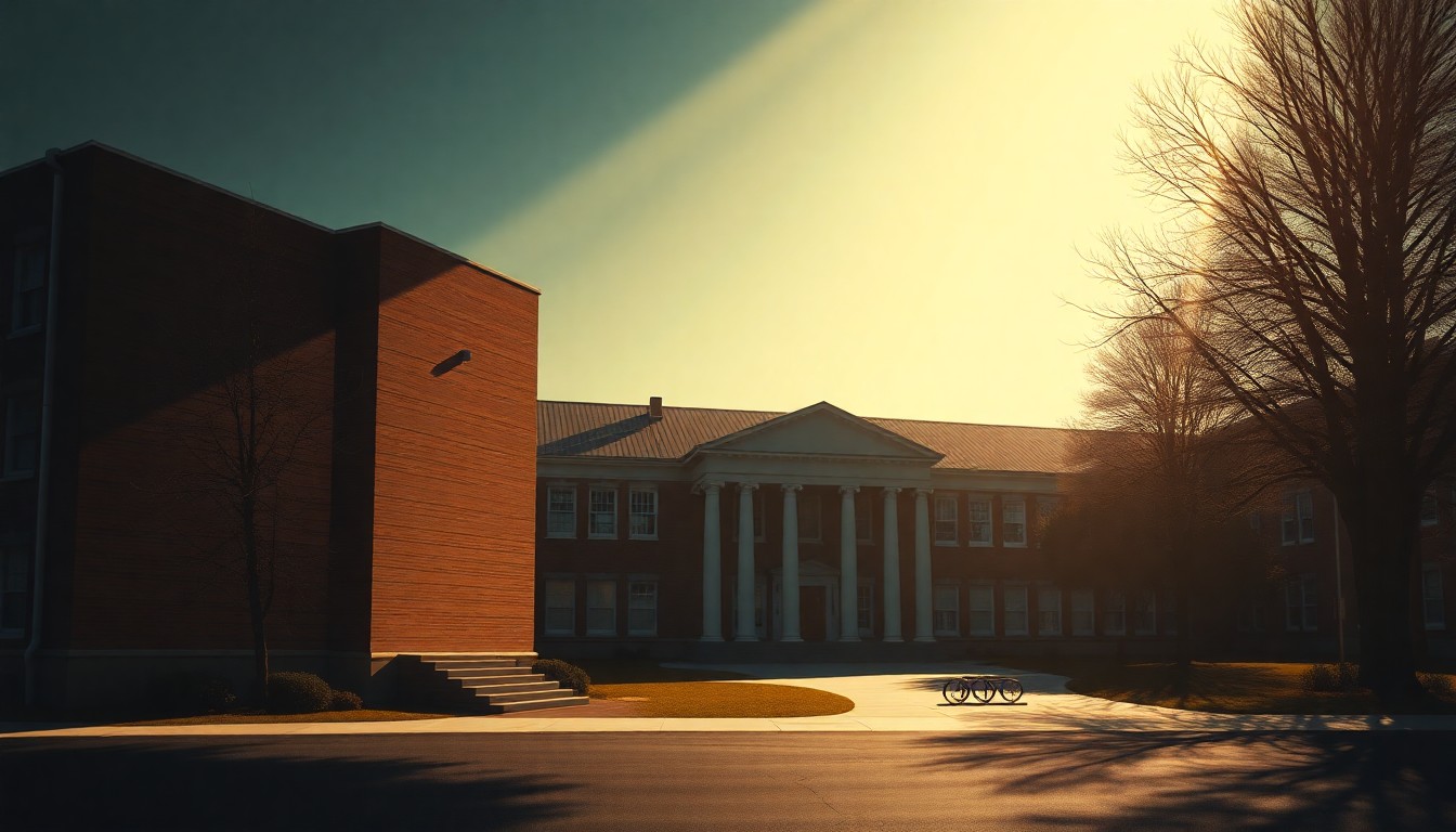 A serene, nostalgic painting of a university administration building in warm, golden light, conveying a sense of quiet contemplation about the challenges facing public higher education.