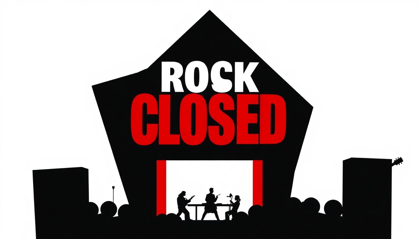 An abstract, minimalist illustration featuring jagged, overlapping black silhouettes of music equipment and bar elements against a deep red background, conceptually representing the closure of a rock music venue.