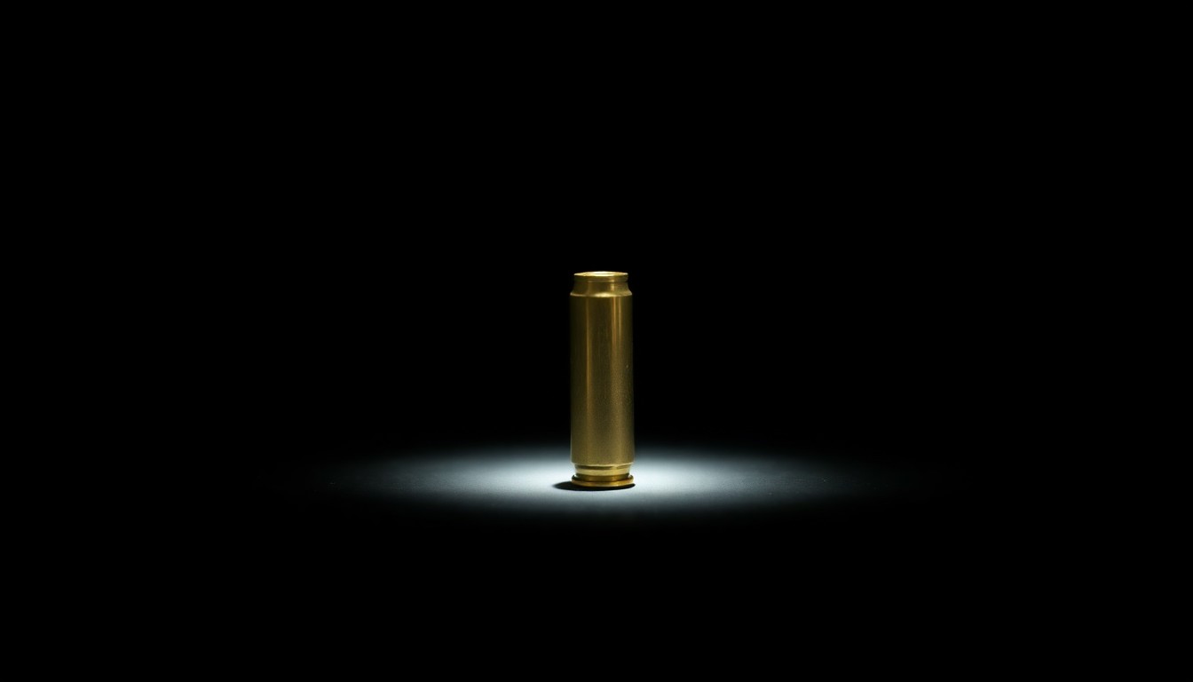 An extreme close-up photograph of a single bullet casing on a dark background, lit by a harsh, direct camera flash, conceptually representing the unresolved details and lingering questions surrounding Jam Master Jay's murder.