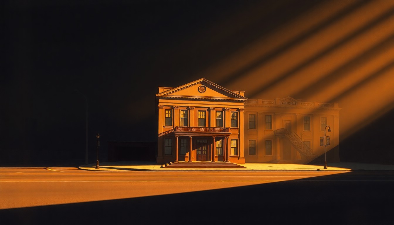 A realistic oil painting of a city hall building in warm, golden light, with deep shadows across the facade, conveying a sense of civic duty and political change.