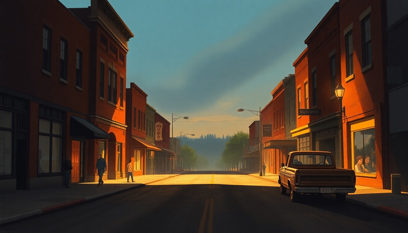 A nostalgic, cinematic painting of a quiet main street in a small Nebraska town, with historic brick buildings lining the street and a few residents strolling along the sidewalks, capturing the community's sense of place and civic pride.