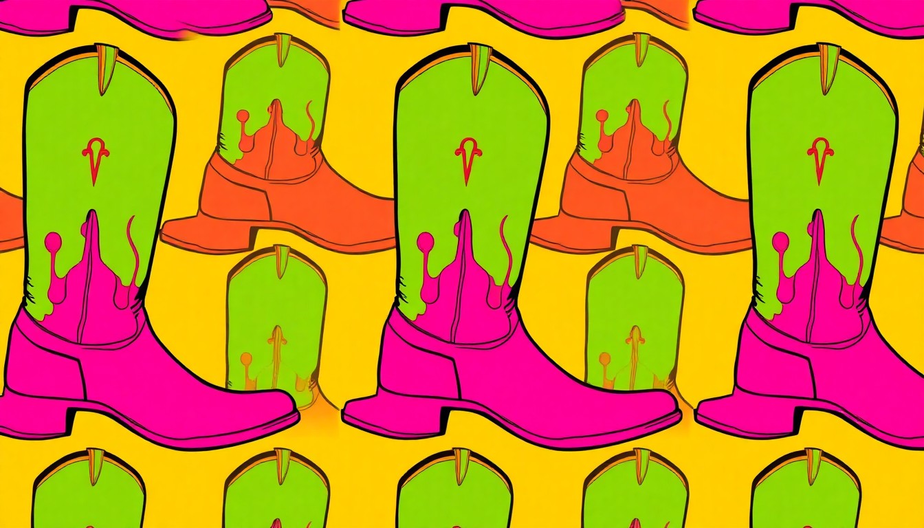 A brightly colored, high-contrast silkscreen print of a cowboy boot repeated in a tight grid pattern, capturing the iconic Western lifestyle in a modern pop art style.
