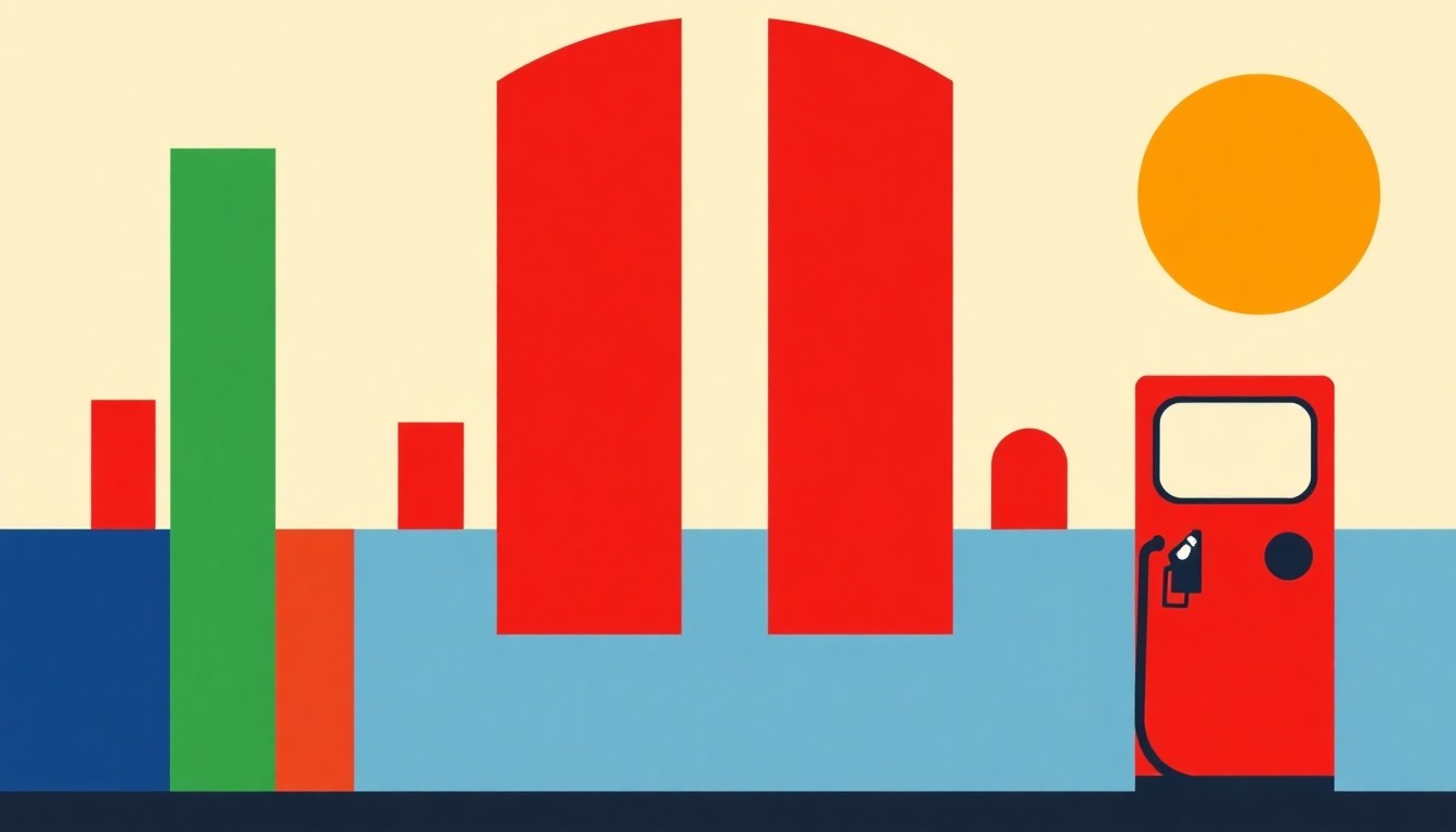 A composition of overlapping triangles and circles in shades of blue, red, and yellow, conceptually illustrating the volatility of fuel costs in the local market.