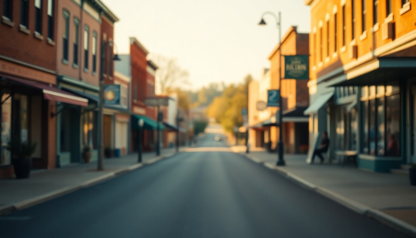 An out-of-focus photograph of a small-town main street in warm, soft tones, conveying a sense of community and the quiet dignity of everyday life.