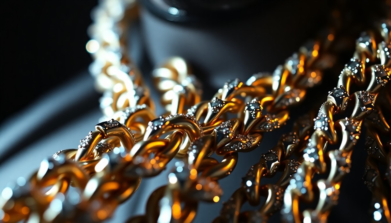 An extreme close-up of a glittering, high-contrast gold chain with intricate details, conceptually representing the rapper's flashy style and return to the public eye after his release from prison.