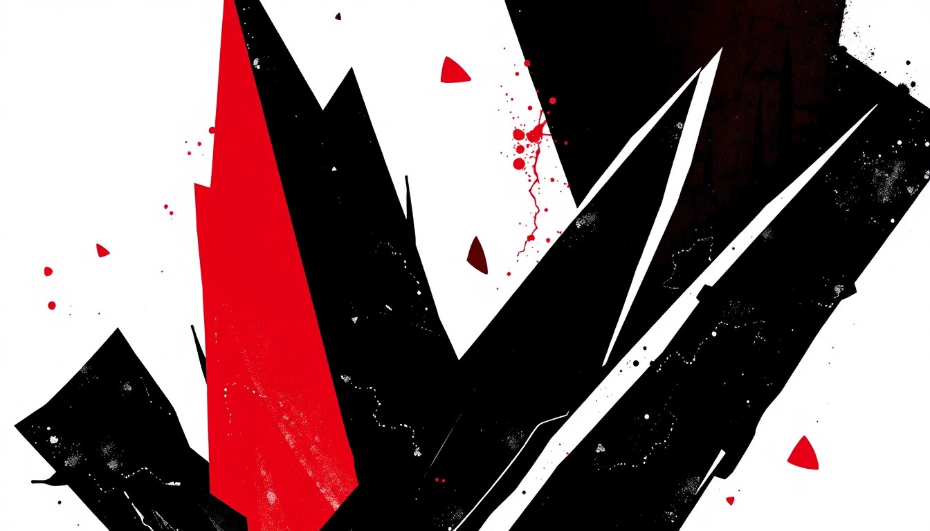 A minimalist, abstract illustration featuring bold, jagged shapes in black, white, and red, conceptually representing the themes of desire, rage, love, and loss explored in the award-winning story collection 'Small Scale Sinners.'