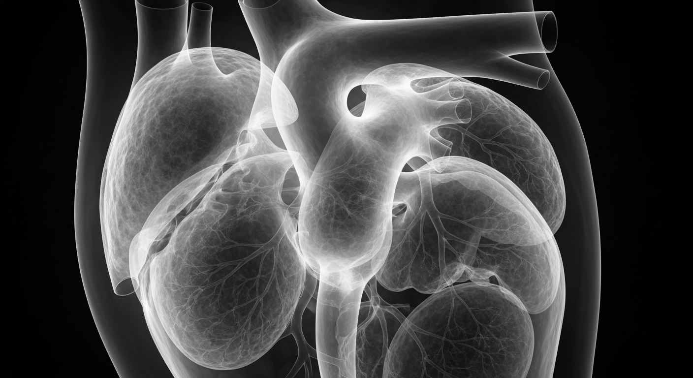 An extreme close-up X-ray photograph revealing the intricate internal structure of a human heart, with glowing lines tracing the organ's electrical pathways, conceptually illustrating a new procedure to treat atrial fibrillation.