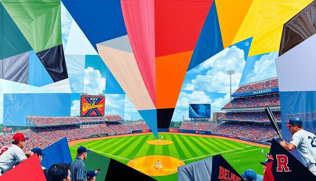 A fractured, geometric painting in vibrant colors representing a college baseball game, with sharp, overlapping planes conveying the intensity and movement of the sport.