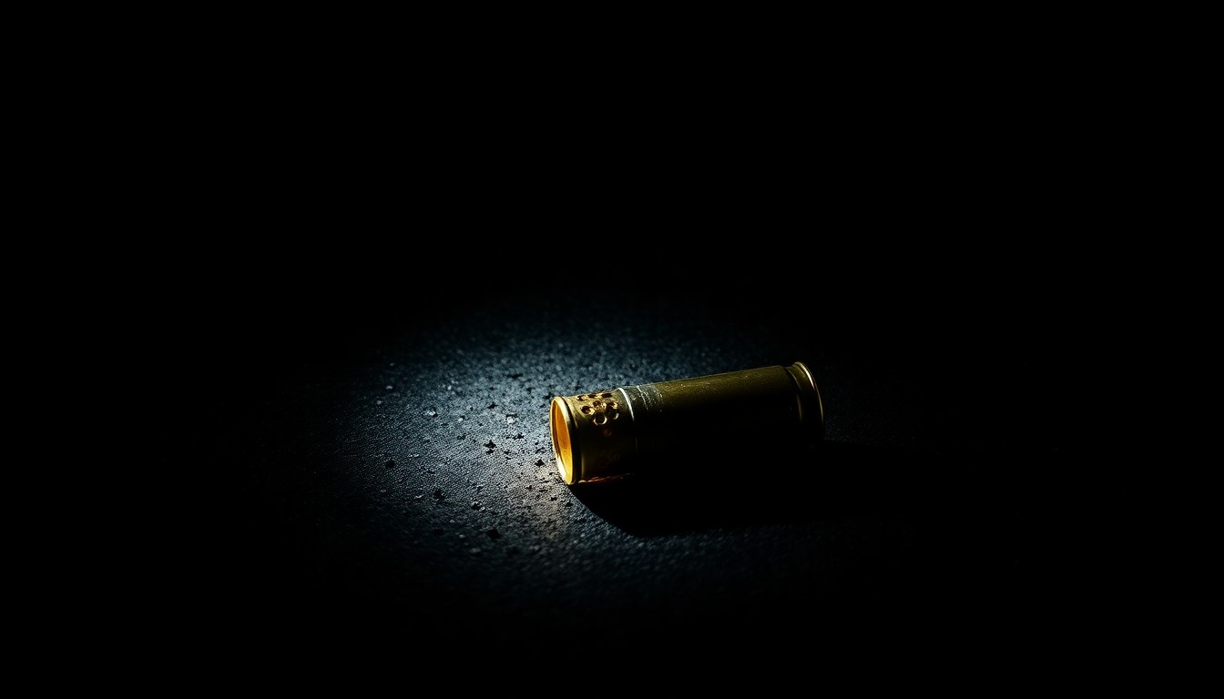 An extreme close-up photograph of a single spent shell casing on a dark, textured surface, lit by a harsh, direct camera flash, creating a gritty, investigative aesthetic.