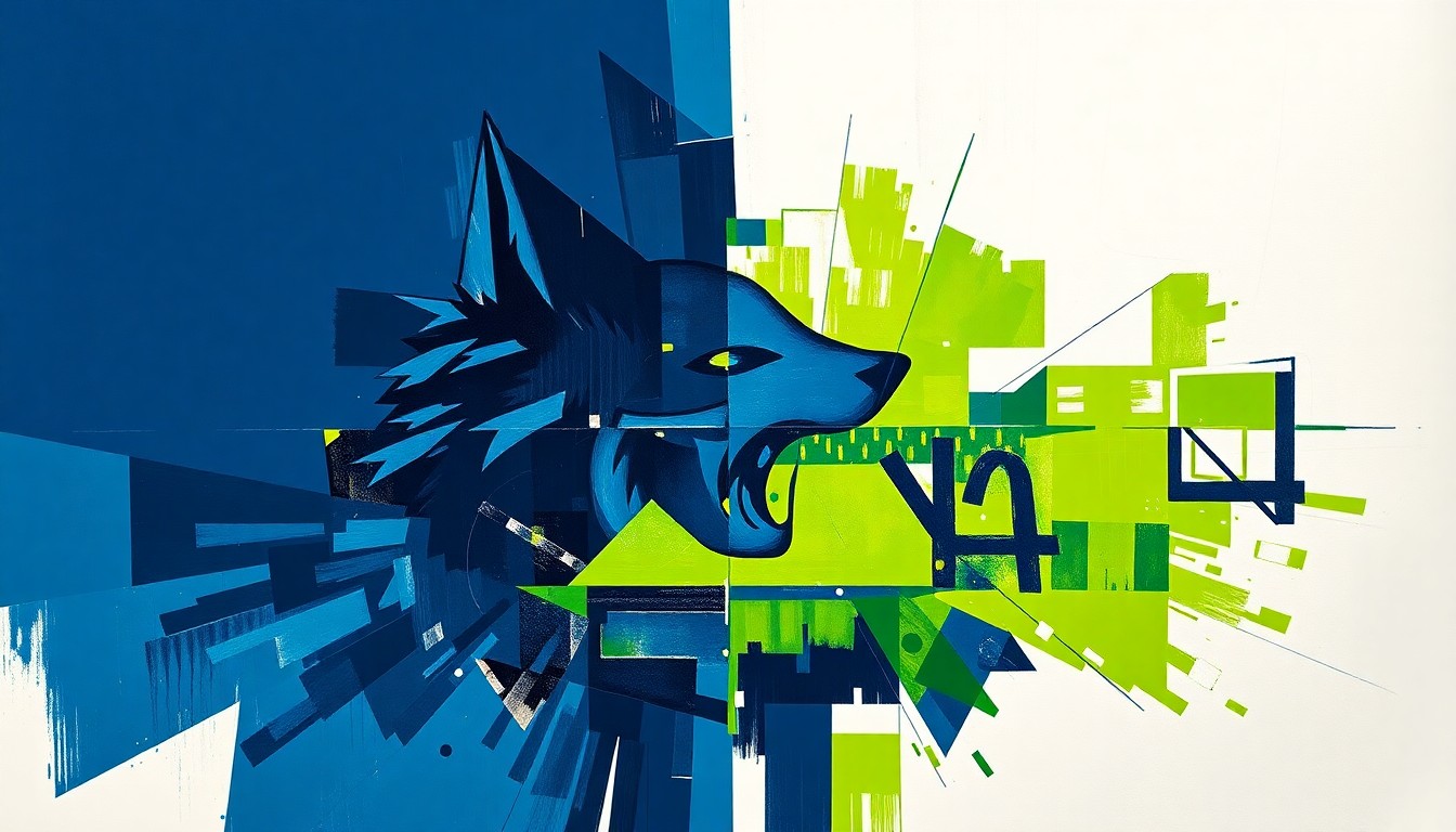 A fragmented, geometric painting depicting a Timberwolves basketball game, with sharp planes of navy blue, lime green, and white overlapping to create a sense of motion and disunity.