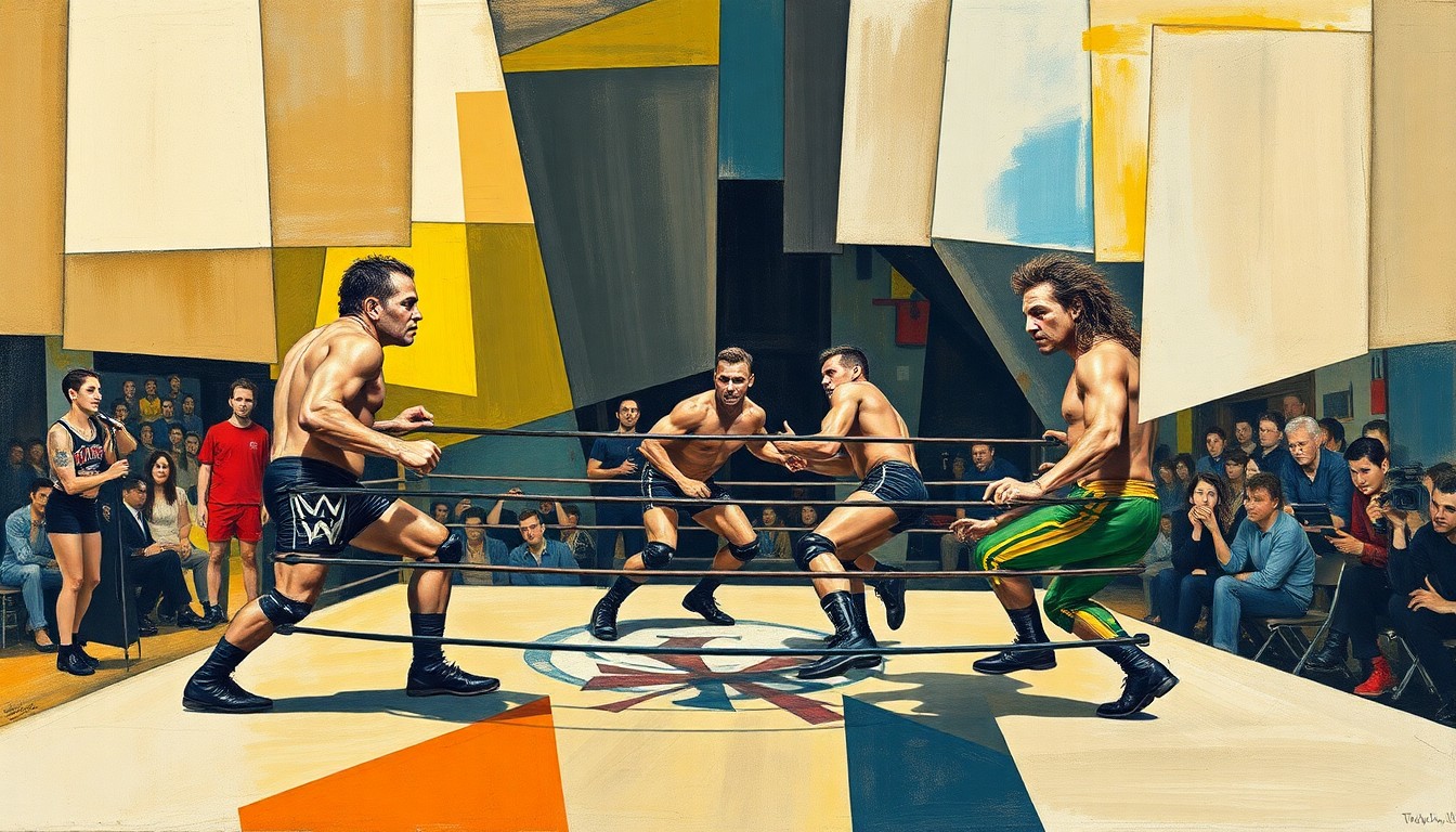 A fragmented, geometric painting depicting the action and intensity of a six-man tag team wrestling match, with the figures and movements broken down into sharp, overlapping planes of color and shape.