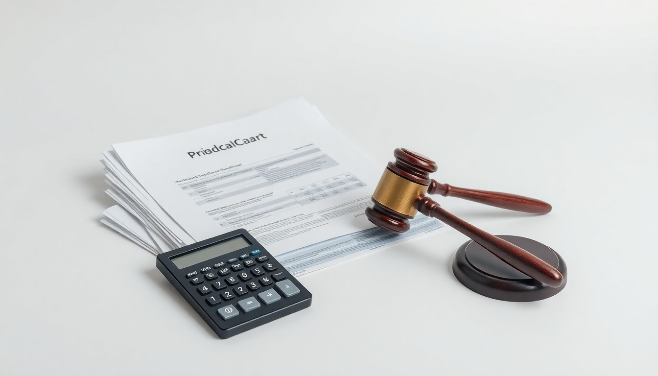 A high-end, photorealistic studio still-life photograph featuring a stack of financial documents, a calculator, and a gavel resting on a clean, monochromatic background, conceptually representing the abstract concepts of corporate strategy, finance, risk, and market disruption.