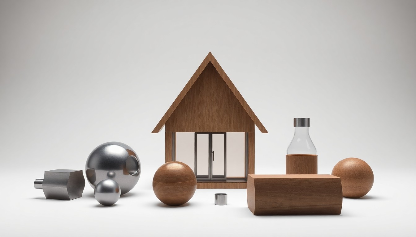 A minimalist studio still life featuring a collection of polished, geometric objects arranged on a clean, monochromatic background, conceptually representing the planning and construction of a new community fitness center in Lynch, Nebraska.