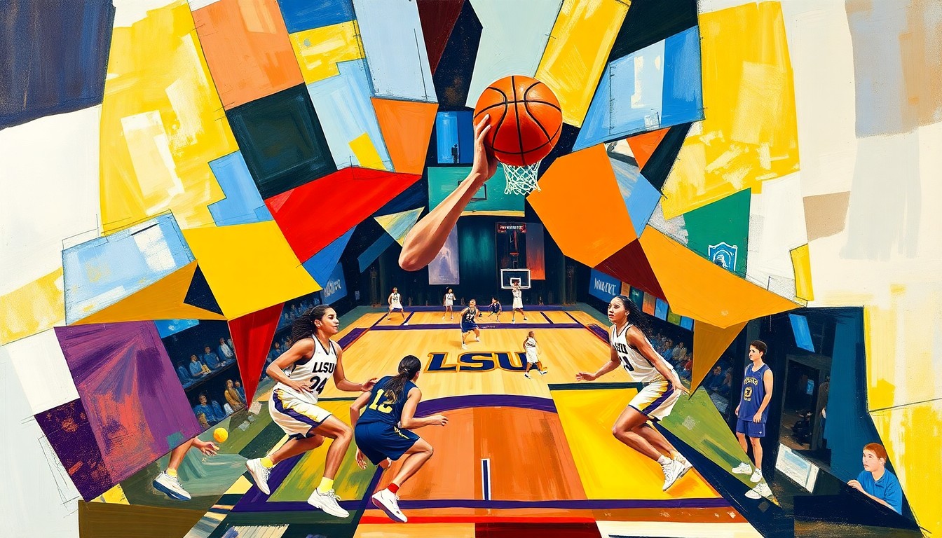 A fragmented, geometric painting depicting the action of a women's basketball game, with sharp planes of color representing the players and court.