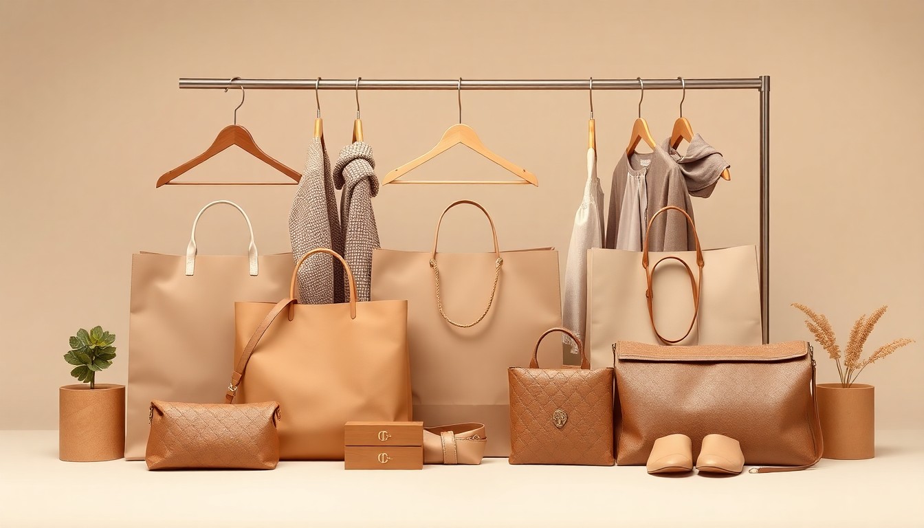 A minimalist studio still life featuring a neatly arranged display of premium retail shopping bags, clothing hangers, and other upscale accessories in muted earth tones, conceptually representing the personalized services and convenience of Nordstrom's new Local hubs.
