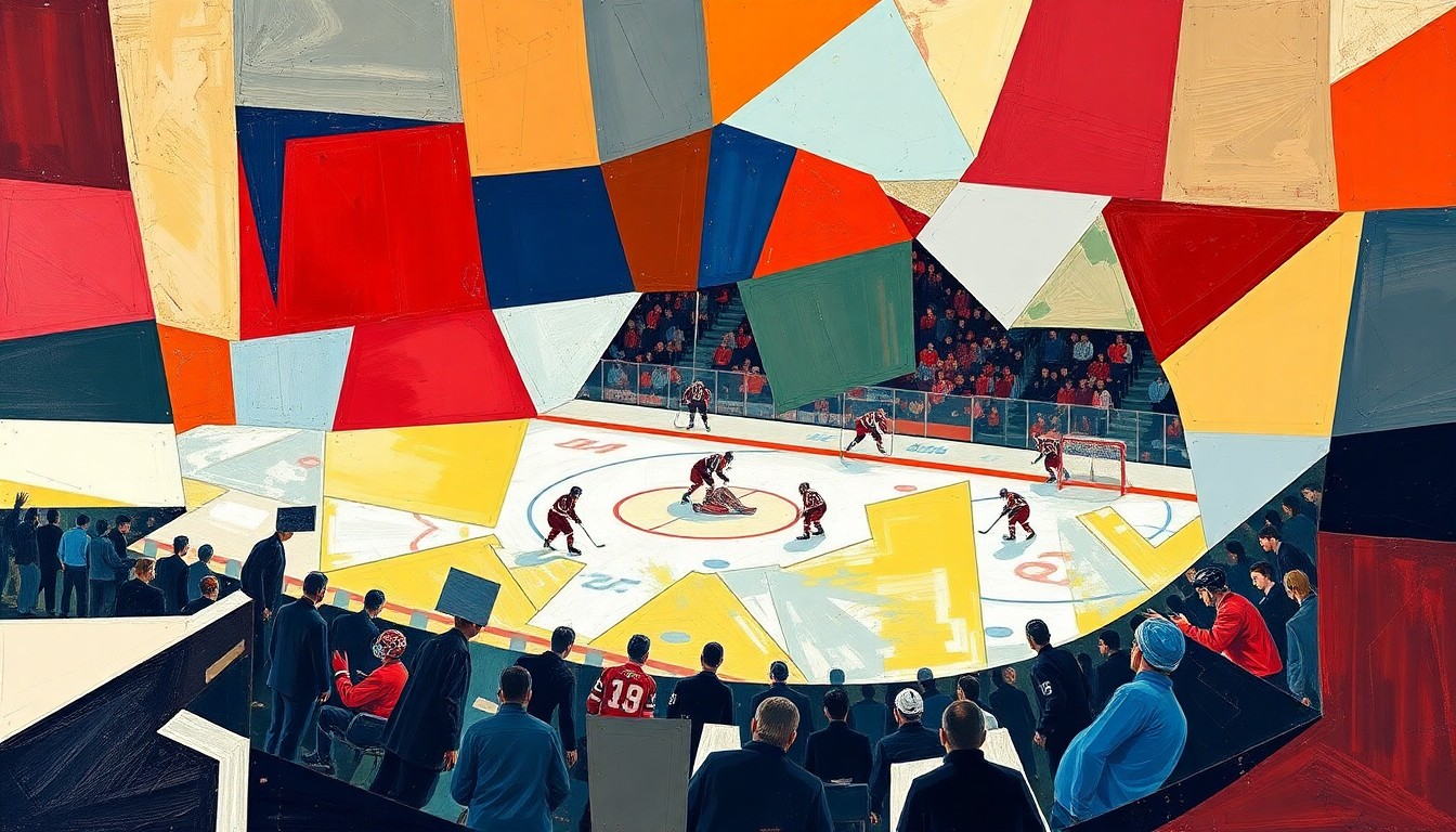 A cubist, geometric painting depicting a hockey game or match, with the players and the ice broken down into sharp, overlapping planes of color representing the Athens Rock Lobsters' team colors.