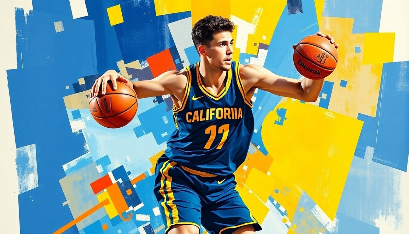 A cubist, geometric illustration depicting the movements and actions of a college basketball player, with sharp, overlapping planes of vibrant blue and gold colors representing the player's uniform.