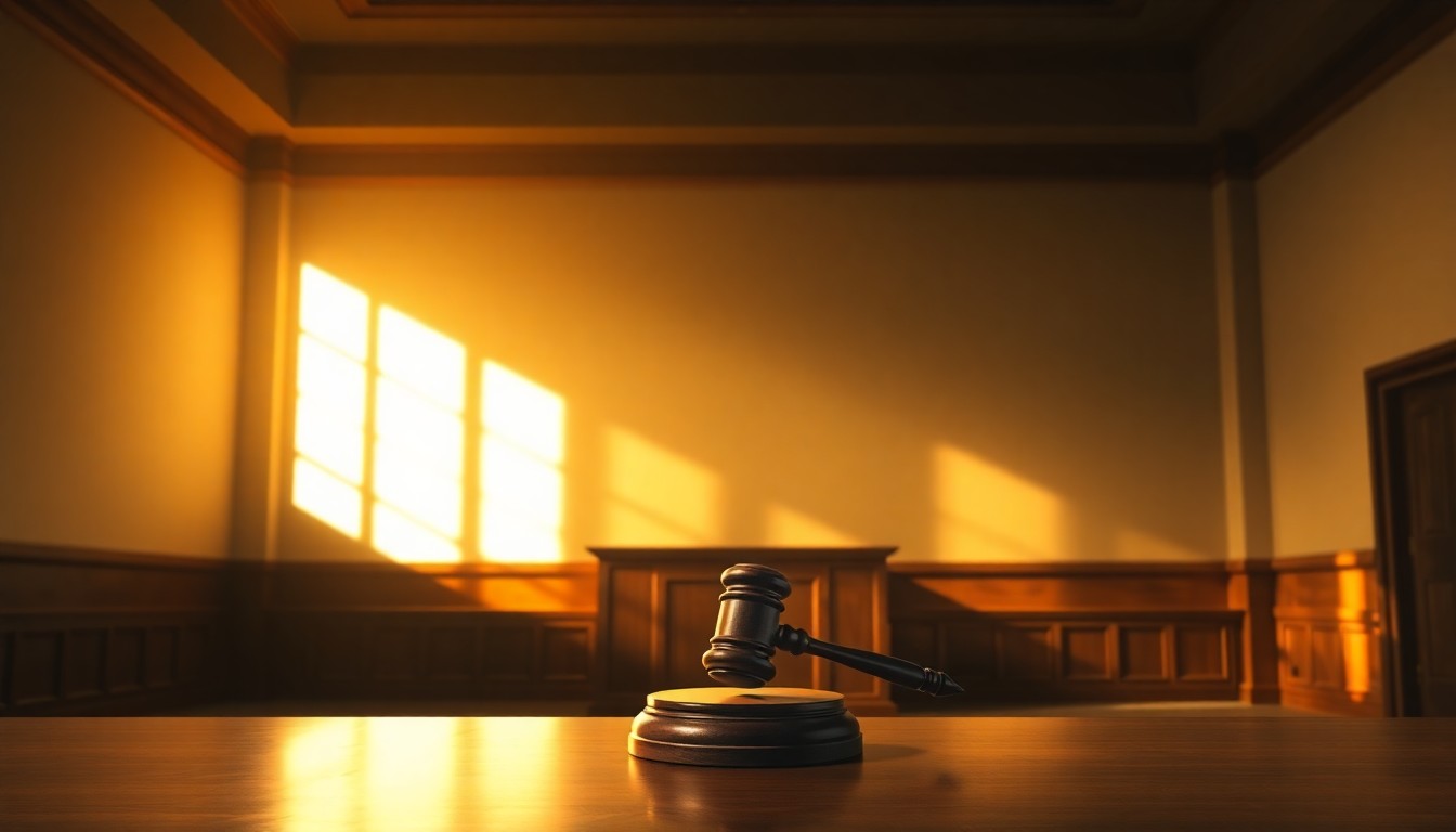 A dimly lit, cinematic painting of an empty courtroom with a single wooden gavel resting on the judge's bench, conceptually representing the solemn and weighty nature of this family law case.