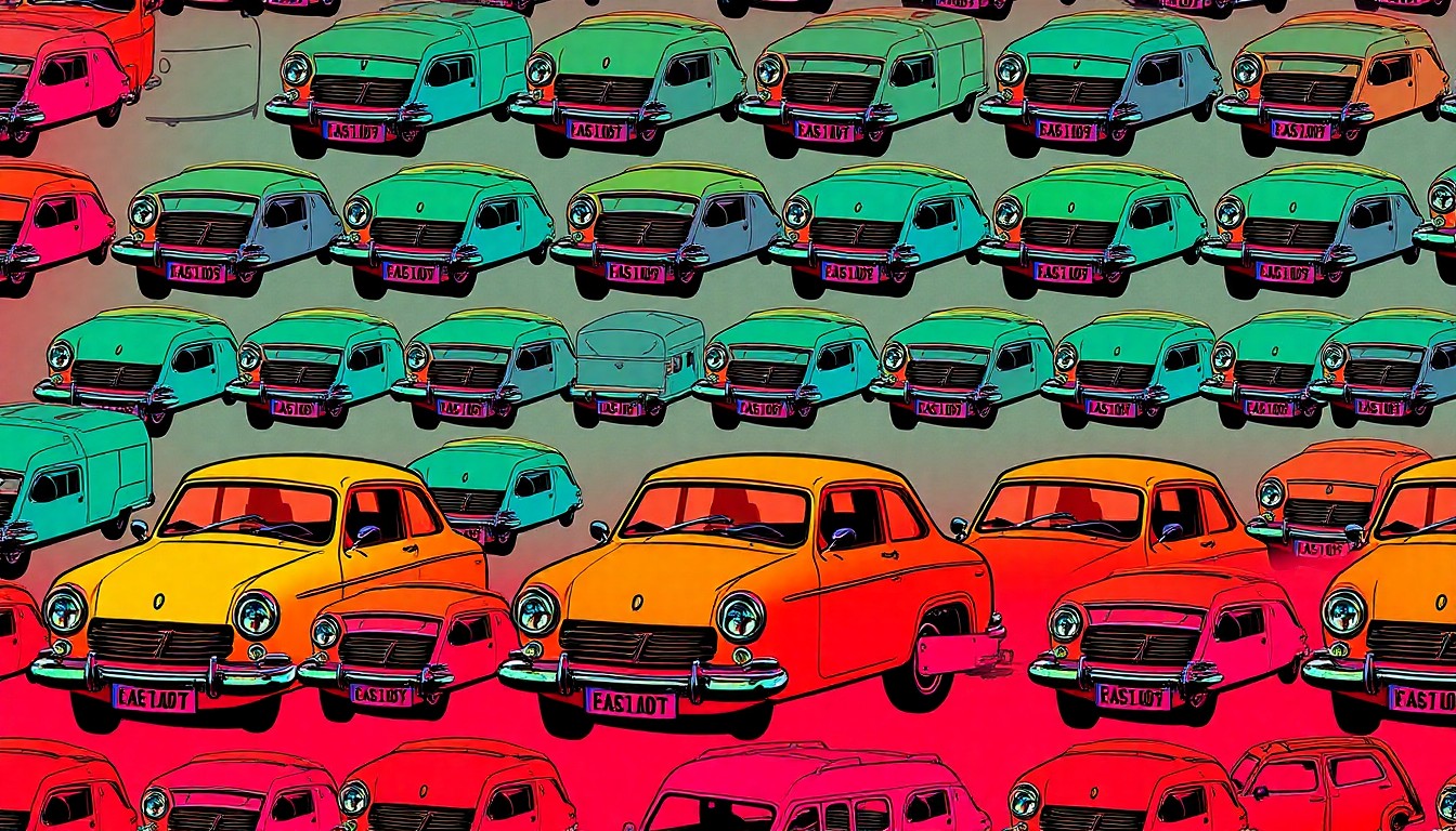 A high-contrast, silkscreen-style illustration featuring a grid of brightly colored, neon-hued Flore Flore Car tee shirts, conceptually representing the tee's status as a coveted fashion item.