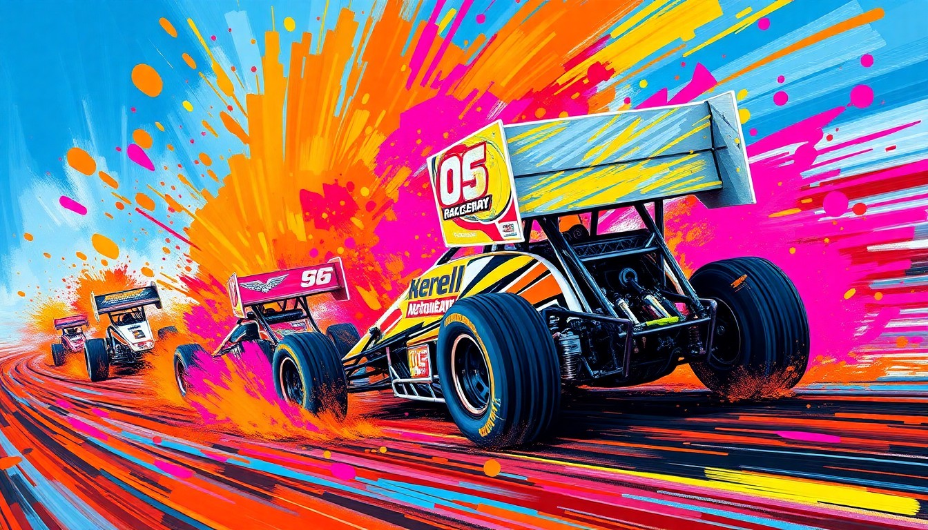 A vibrant, abstract painting featuring rapid brushstrokes of neon orange, electric blue, and hot pink, capturing the intense speed and energy of wingless sprint car racing at US 36 Raceway.